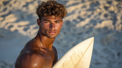 Surfer With Curly Hair And No Shirt Holding A Surfboard On The Beach