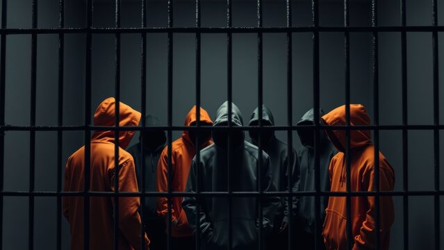 Hooded men behind jail bars