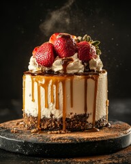 A luscious strawberry cheesecake elevated by the addition of a caramel drizzle of unparalleled richness