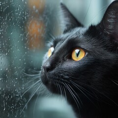 A Black Cat Looking Out A Window With Rain Drops On It