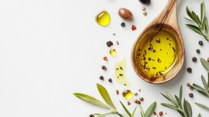 Olive oil in wooden spoon with herbs and spices on white background.