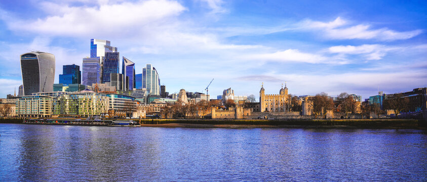 River Thames, Tower Of London, Business District Skyscrapers, Towers Cityscape Panorama, City Of London Urban Skyline, England, United Kingdom - Powered by Adobe