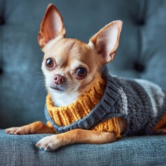 Chihuahua Wearing A Sweater On A Couch With A Blue Background