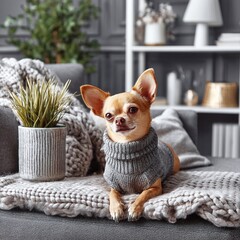  Small Dog Sitting On A Couch Wearing A Sweater