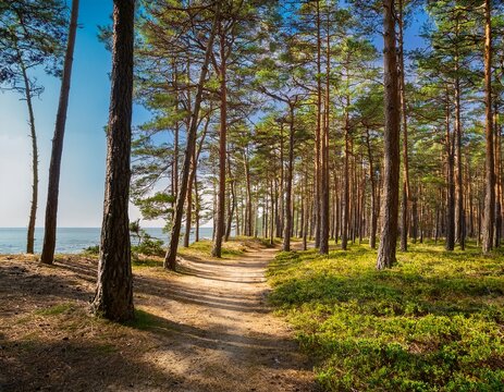 a path in a spring pine forest near the sea
