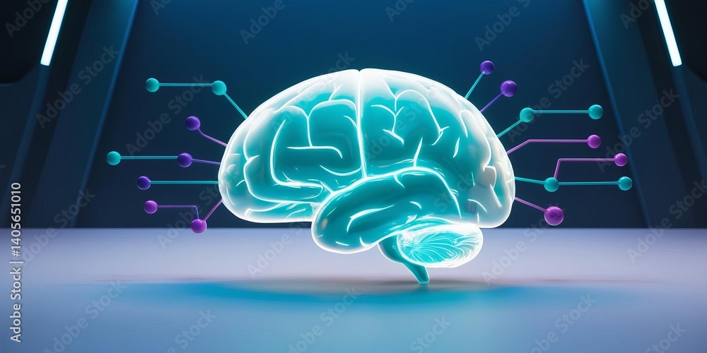 Poster glowing brain on a blue background representing interconnected ideas with space for text and futuris