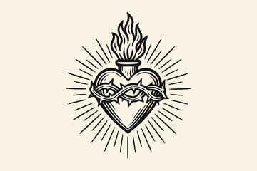 Sacred flaming heart with thorns in vintage engraving style © Victoria