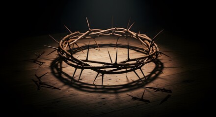 A symbolic still life of the crown of thorns, resting on rustic wood under dramatic light. Ideal for Holy Week reflection, church media, and religious Easter designs