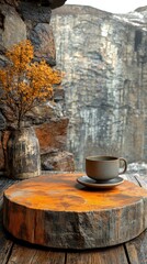 Fototapeta premium A cozy cup sits on rustic wood, beside a vase, against a textured rock wall backdrop