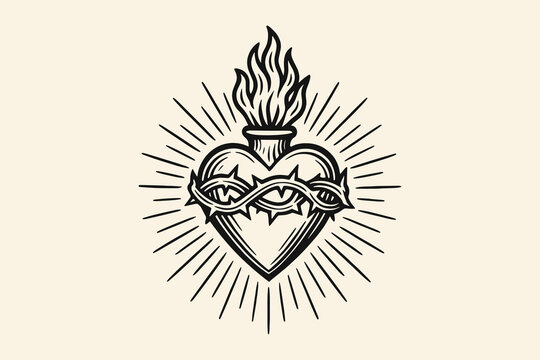 Sacred flaming heart with thorns in vintage engraving style