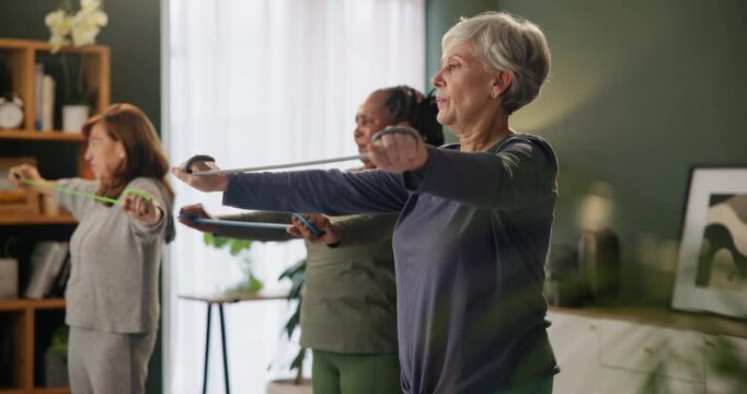 Physical therapy, mature women and resistance band for stretching, wellness and body health. Physiotherapy, people and training for fitness, rehabilitation or exercise in group class together at home
