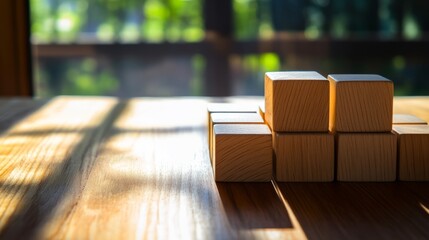 Wooden cube blocks in a clean pattern, minimalistic design with soft natural light, conveying simplicity and order.
