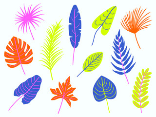 Botanical modern flat tropical clipart with stylized palm, monstera, banana and exotic leaves in vibrant neon colors for stickers, greeting cards, branding, digital design, posters, summer project etc
