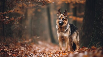 A Dog  Standing In The Woods With Leaves