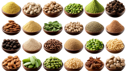 Isolated Photo Collection of Assorted Food Ingredients in Wooden Bowls