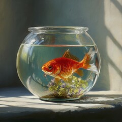  Goldfish In A Bowl With Water And Plants