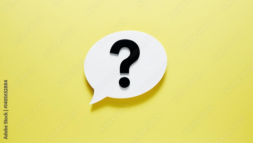 Poster isolated speech bubble with question mark on yellow background capturing doubt and confusion in comm