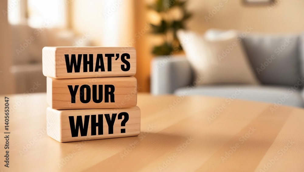 Poster stack of three natural wooden blocks with bold text reading whats your why on table with cozy backgr