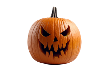 Carved pumpkin with a scary face, isolated on a transparent background. Perfect for Halloween designs and seasonal themes