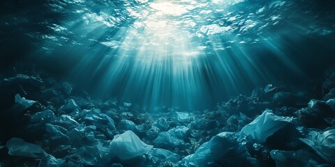 Sunbeams illuminate plastic waste polluting the ocean floor creating a somber underwater scene. Use this image to raise awareness about marine pollution.