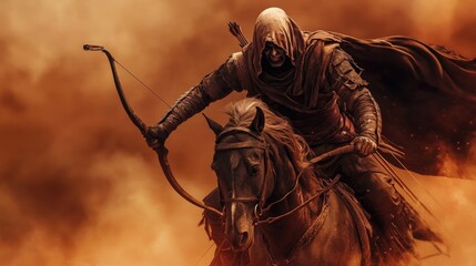 An undead Mongol warrior, galloping on a skeletal horse across the vast desert, gripping a bow, with copy space