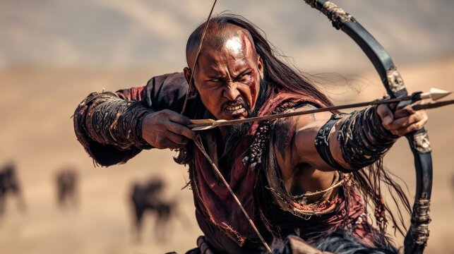 An undead Mongol warrior, galloping on a skeletal horse across the vast desert, gripping a bow, with copy space