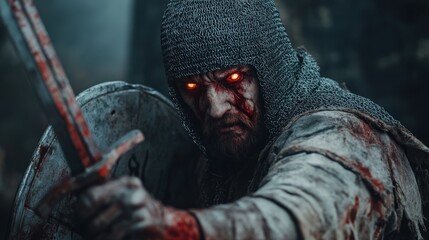 An undead Templar knight with hollow glowing eyes, gripping a rusty sword and shield in a ruined monastery, with copy space