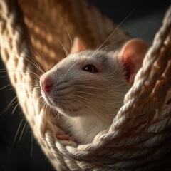 Rat In A Rope Basket Looking Up At The Camera