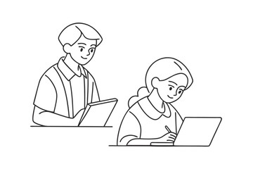 Minimalist Line Art Illustration Of Students Studying With Laptop And Tablet