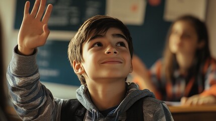 A Young Boy That Is Raising His Hand Up