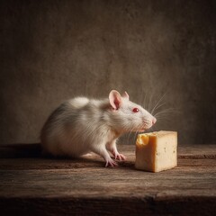  A White Rat That Is Eating A Piece Of Cheese