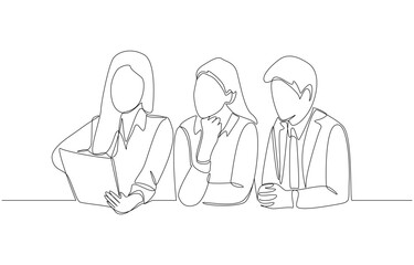 Continuous one line drawing of businesswoman asking coworkers for advice about work, business team communication concept, single line art