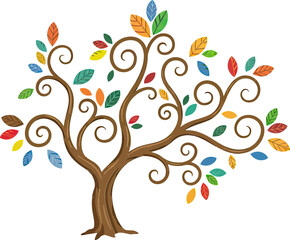 Obraz premium Whimsical Tree of Life: An artistic depiction of a vibrant, blossoming tree with colorful, stylized leaves and swirling branches, symbolizing growth, life, and the interconnectedness of nature.