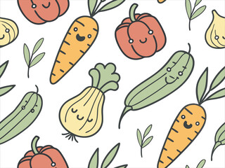 Cute Smiling Vegetable Seamless Pattern with Carrots, Pumpkins, and Zucchini
