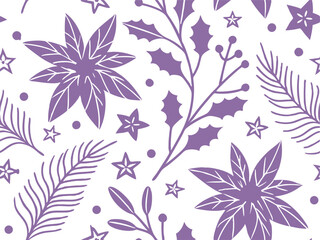 Purple Winter Botanical Pattern with Holly Leaves and Poinsettia on White Background.
botanical, poinsettia, holly, foliage, winter, floral, purple, pattern, festive, leaf.