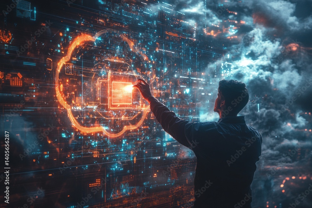 Poster a businessman reaches toward a luminous screen filled with data and graphics in a high-tech space, s