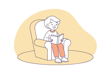 Young Boy Reading Book Sitting In Armchair Illustration Vector Design