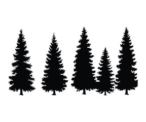 Obraz premium ir tree silhouette collection. Patterns depicting horizontal views of coniferous or spruce forests, illustrated with black pine woods. Beautifully hand-drawn panoramas of coniferous areas.