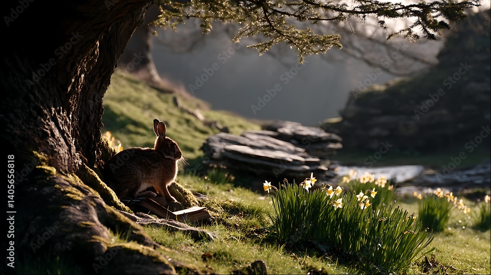 Poster peaceful rabbit in spring meadow of excellence in splendor beyond compare with grace in style.