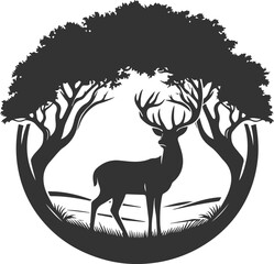 Deer with forest tree vector silhouette