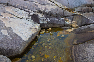 Image of gray and brown granite rock surfaces still water filled with stones and pebbles.