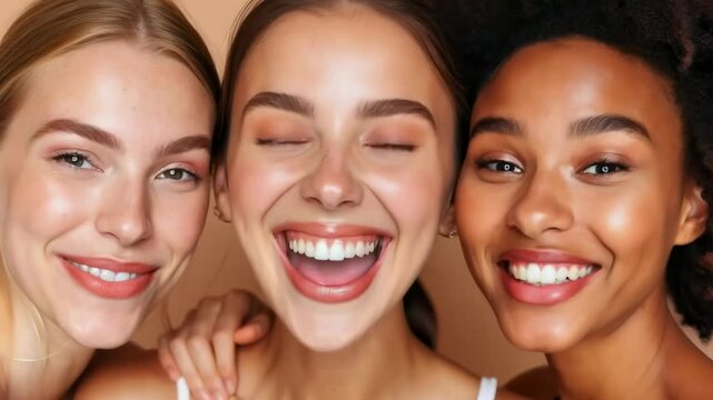 Close-up video of three smiling women with glowing skin, shot from a front angle. The style is bright and natural, emphasizing diversity and friendship.