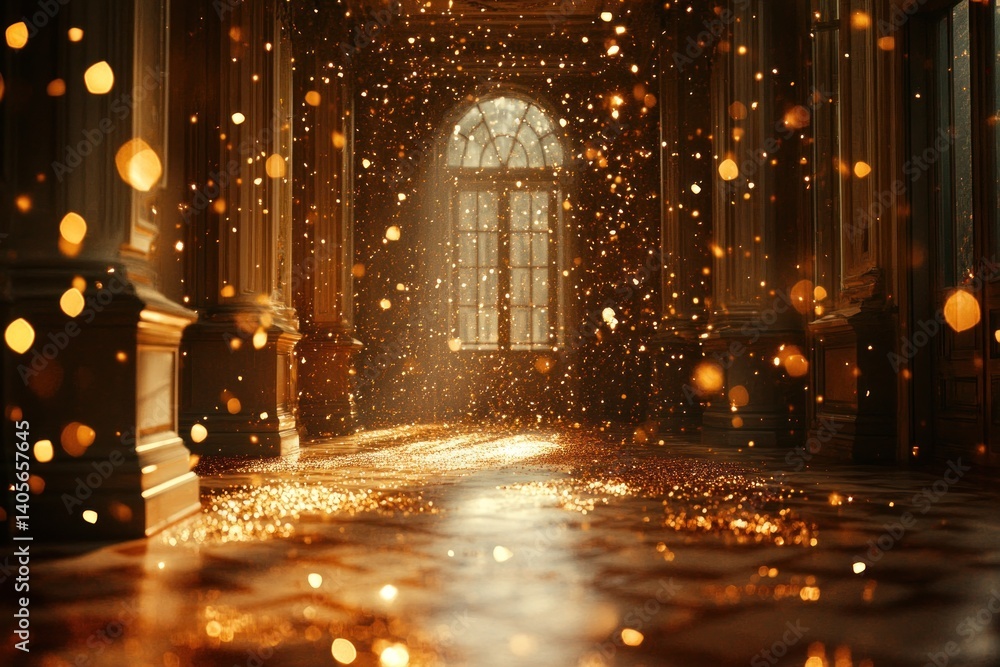 Poster soft light filters through tall windows, casting golden reflections on the polished floor of a sophi