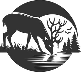 Deer with forest tree vector silhouette