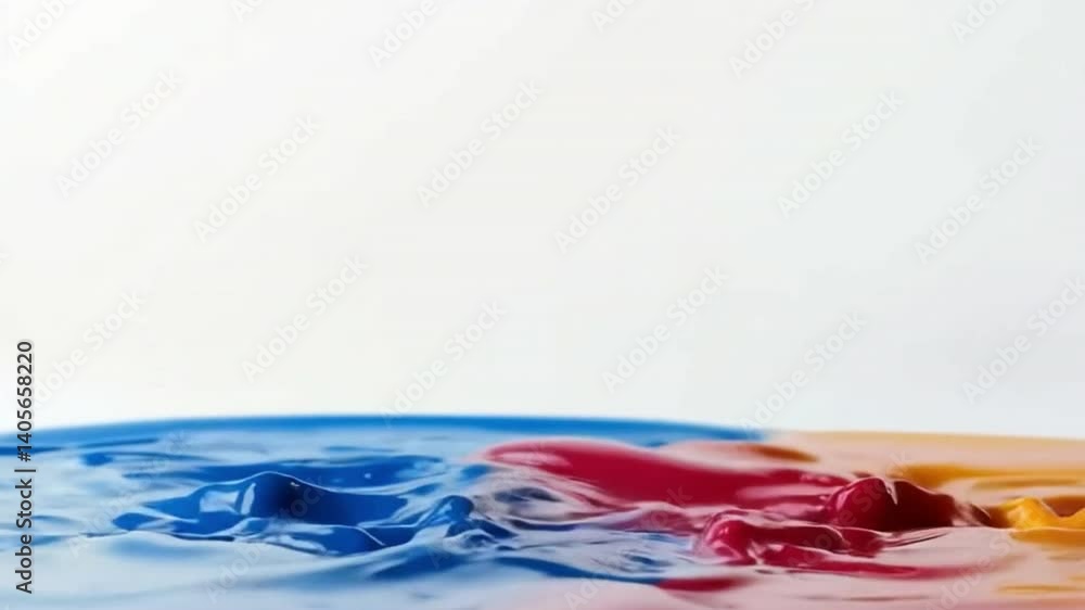 Poster colorful paint splashes: abstract image of vibrant blue, red and orange paint splashes merging toget