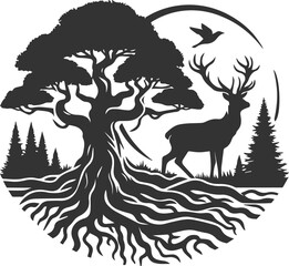Deer with forest tree vector silhouette