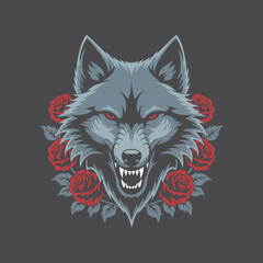 Fototapeta premium Gothic Wolf Vector with Dark Rose Composition