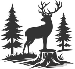 Deer with forest tree vector silhouette