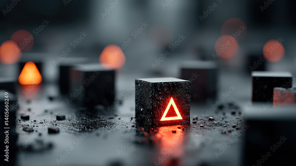 Aufkleber glowing triangular symbol on dark cube stands out among other cubes, creating mysterious and futuristic atmosphere. scene suggests themes of technology and encryption