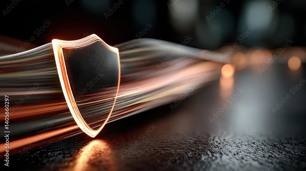 Poster glowing shield stands against blurred background, symbolizing cybersecurity and data protection. dynamic light trails convey sense of speed and technological advancement